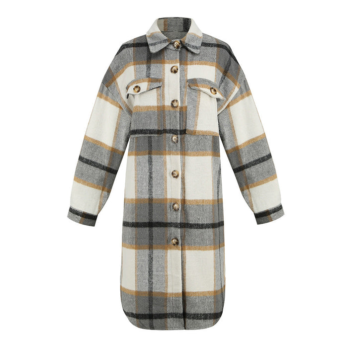 Color-Long Grayish White Plaid-Winter Women Clothing Plaid Brushed Woolen Long Blouse-Fancey Boutique