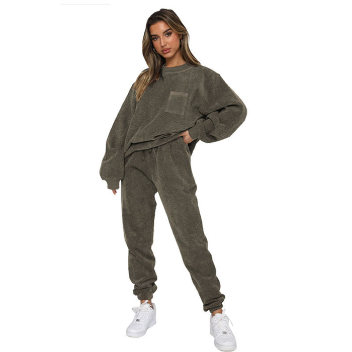 Color-Gray army green-Autumn Winter Corduroy Solid Color round Neck Pullover Long Sleeve Two Piece Set Smart Trousers Suit Women-Fancey Boutique