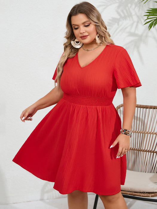 Color-Summer Women Clothing Solid Color plus Size Smocking V neck Waist Tight Women Short Sleeved Dress-Fancey Boutique