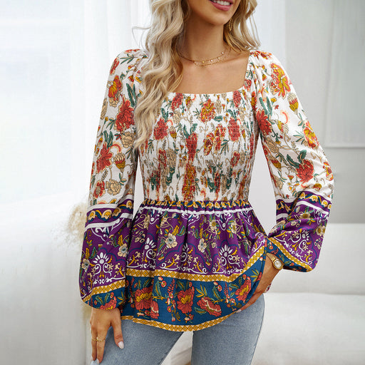 Color-Purple-Printed Shirt Women Autumn Winter Square Collar Long Sleeve Top-Fancey Boutique