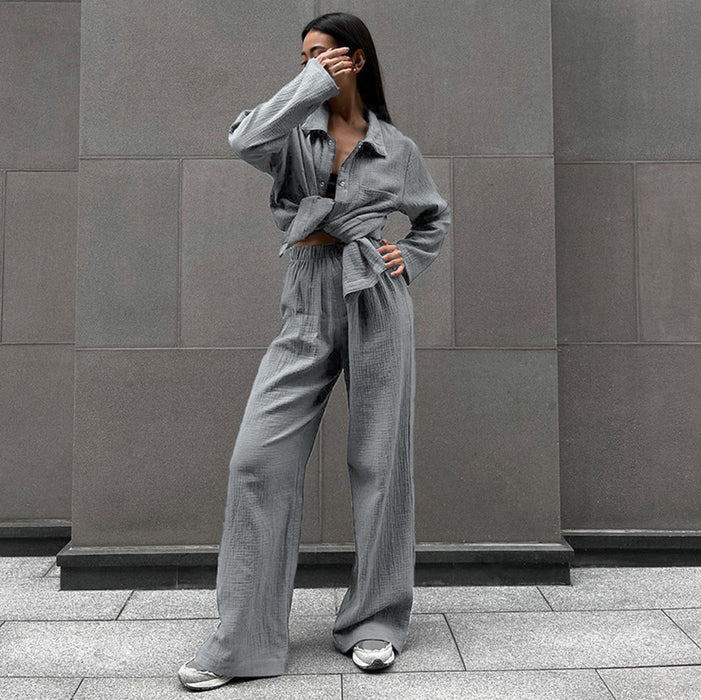 Color-Autumn Pure Cotton Gray Long Sleeve Cardigan Pajamas Two Piece Loose Comfortable Trousers Ladies Homewear-Fancey Boutique