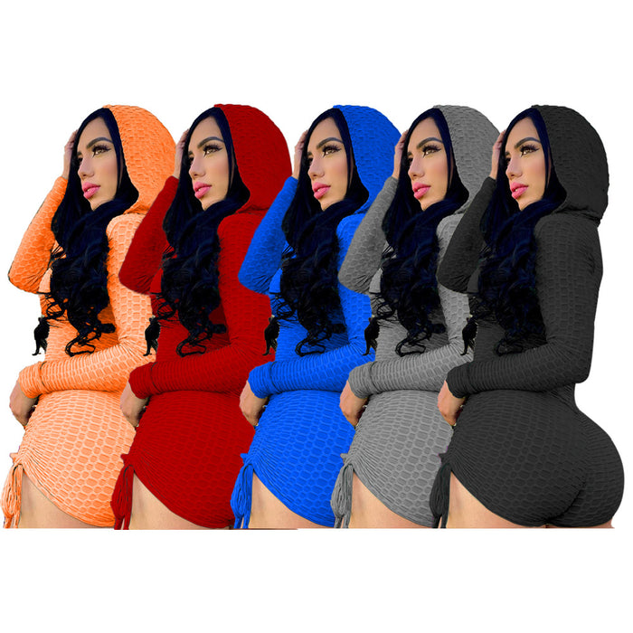 Color-Women Clothing Waffle Seersucker Yoga Sports Long Sleeve Hoodie Two Piece Set-Fancey Boutique