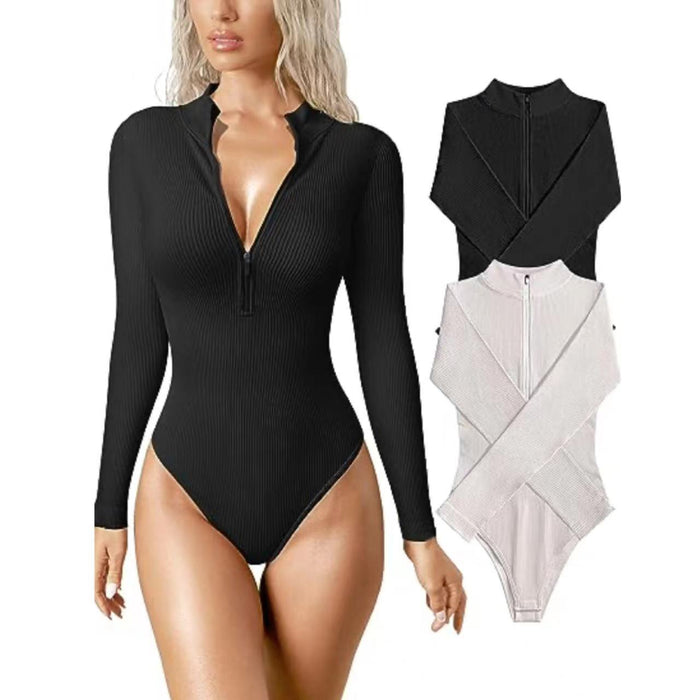 Color-Long Sleeved Jumpsuit Sexy Ribbed One Piece Front Long Sleeve Zipper Top Jumpsuit-Fancey Boutique