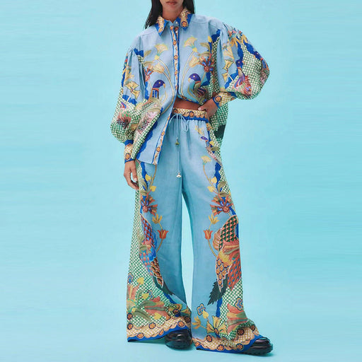 Color-Spring Printing Collared Puff Sleeve Long Sleeve Shirt High Waist Wide Leg Mopping Blouse Pants-Fancey Boutique