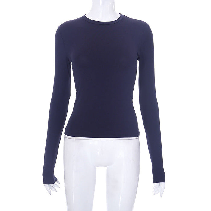 Color-Dark Blue-Women Clothing Spring Solid Color round Neck Long Sleeve Basic Top-Fancey Boutique