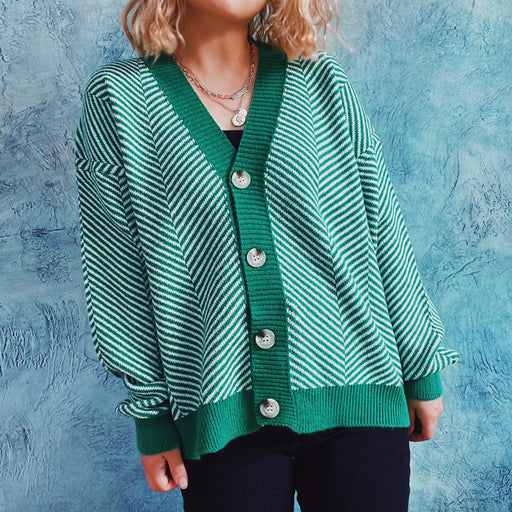 Color-Green-Autumn Winter Casual Contrast Color Diagonal Stripe Single Breasted V neck Long Sleeve Sweater Cardigan Coat Women-Fancey Boutique