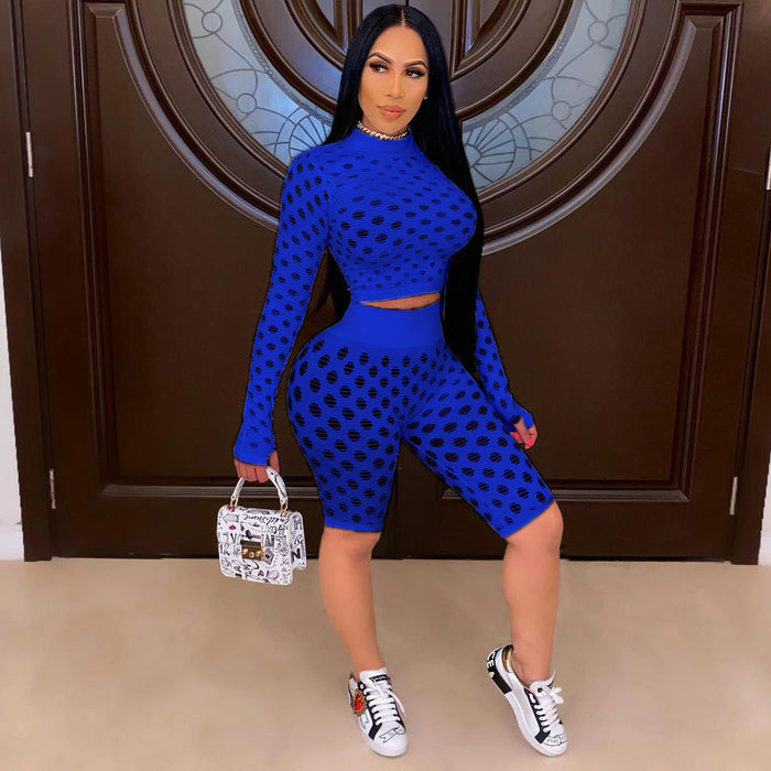 Color-Blue-Women Nightclub Stretch Tight Eye Mesh Long Sleeve Shorts Two-Piece Suit-Fancey Boutique