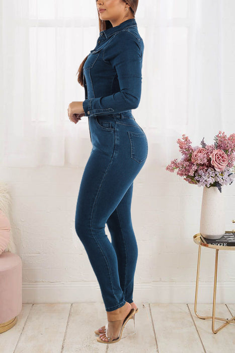 Color-Women Slim Elastic Feet Wash Denim Jumpsuit Jumpsuit-Fancey Boutique