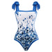 Color-Blue Leaf-Women Retro Swimsuit Conservative One Piece Spring Swimsuit Suit Women Chiffon Blouse-Fancey Boutique