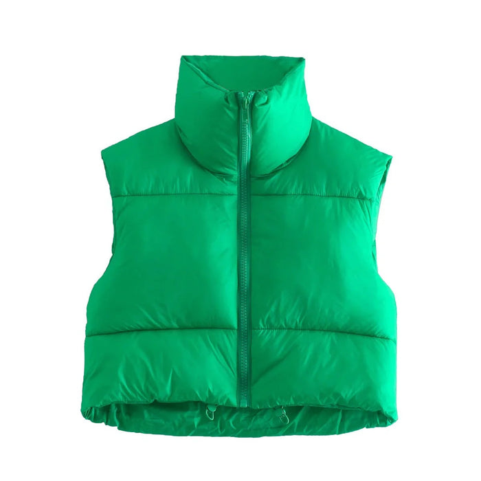 Color-Normal Green-Sleeveless Zipped Stand Collar Cotton Vest Autumn Winter Multi Color Slim Fit Cotton Padded Jacket Vest Top-Fancey Boutique