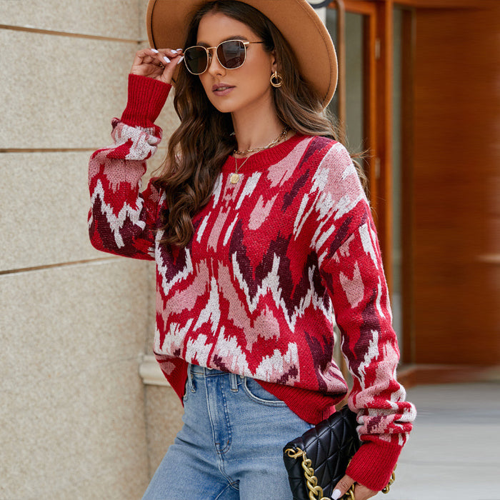 Color-Retro Painted Autumn Winter Pullover Sweater Contrast Color Jacquard Loose Fitting Long Sleeve Sweater for Women-Fancey Boutique