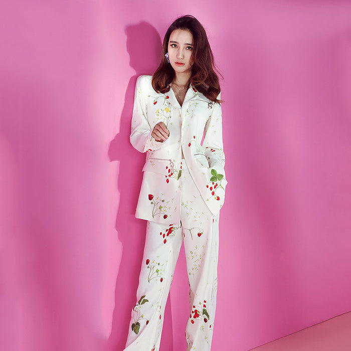 Color-Star Elegant Strawberry Print Slim Fit Blazer Trousers Suit Two Piece Set-Fancey Boutique