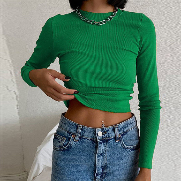 Color-Green-Rib Round Neck Solid Color Bottoming T Shirt Women Bright Color Spring Crop Top Tight Fitting Long Sleeve Short Top-Fancey Boutique