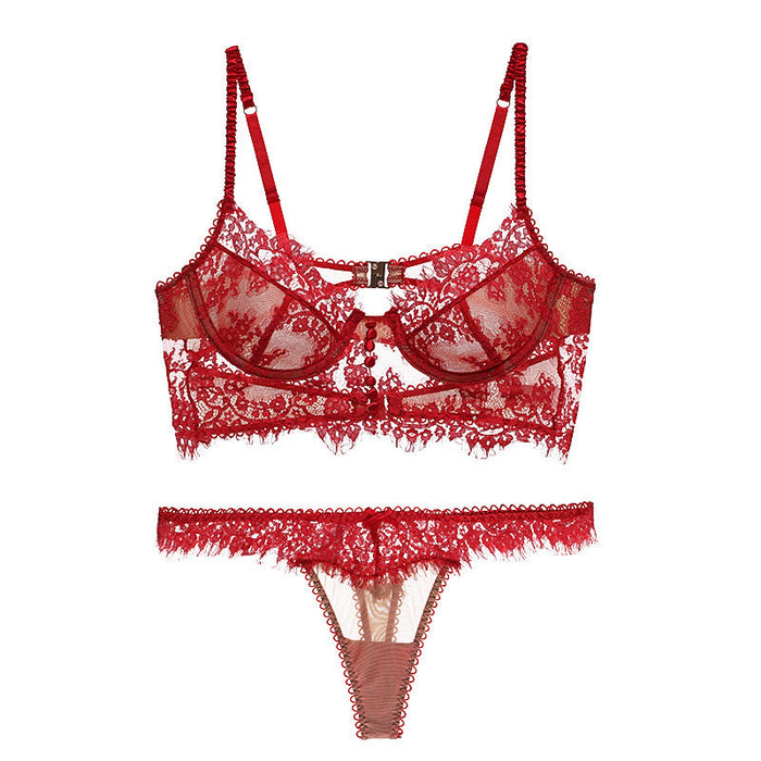 Color-Red-French Lace Underwear Women Suit Big Chest Show Sexy Bra Beauty Back Ultra-Thin Bra Summer-Fancey Boutique