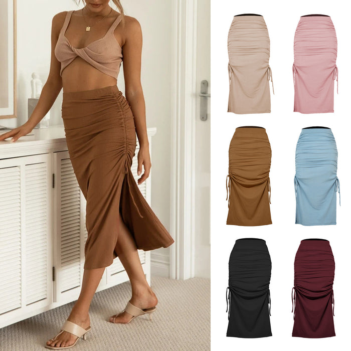 Color-Slit Knitted Slim Skirt Pleated Tie Sexy Sheath Women Clothing Skirt-Fancey Boutique