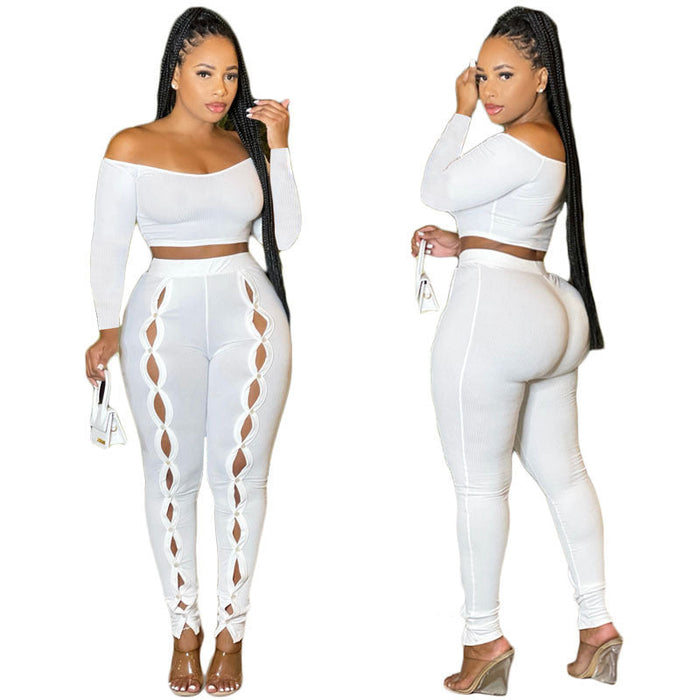 Color-White-Women Clothing Autumn Sexy Solid Color off Shoulder Hollow Out Cutout Cropped Two Piece Set-Fancey Boutique