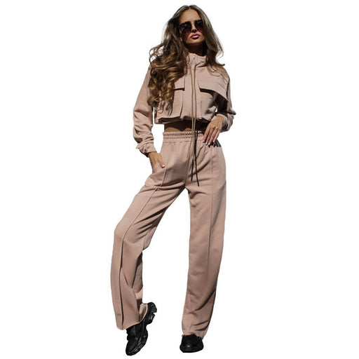 Color-Khaki-Autumn Winter Solid Color Zipper Double Bag Drawstring Long Sleeve Top Casual Trousers Suit Women-Fancey Boutique