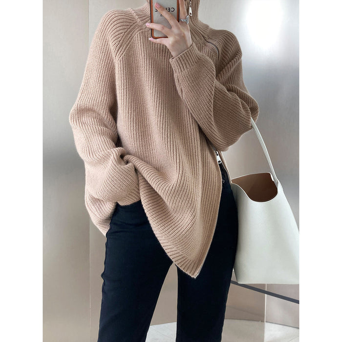 Color-Design Double Headed Oblique Zipper Turtleneck Sweaters Women Clothing Autumn Winter Lazy Casual Sweater-Fancey Boutique