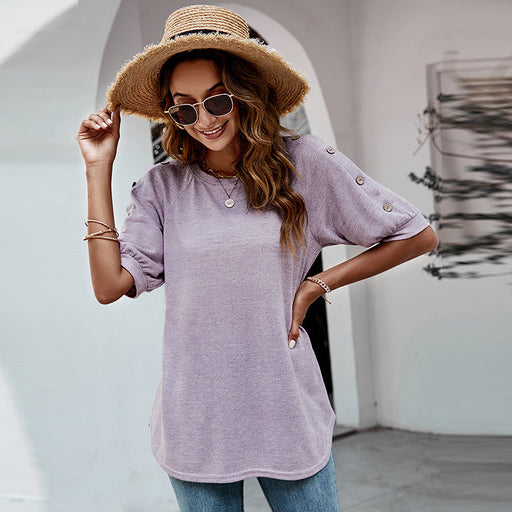 Color-Summer Loose round Neck Button Casual T shirt Top-Fancey Boutique