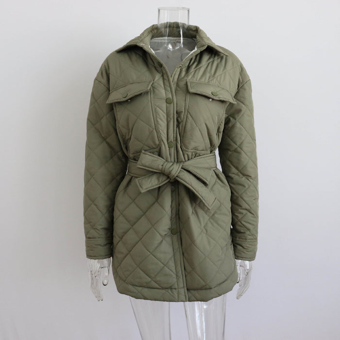 Color-Army Green-Long Breasted Collared Loose Warm Rhombus Cotton Padded Coat Autumn Winter Wild Thickened Cotton Padded Coat for Women-Fancey Boutique