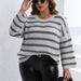 Color-Women Striped Top plus Size Women Clothes Fastener Decoration Straight Sleeve Color Contrast Patchwork Loose Pullover-Fancey Boutique