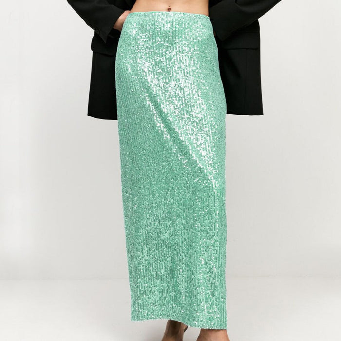 Color-Turquoise-Women Clothing Solid Color Sequ Back Slit Casual Skirt-Fancey Boutique