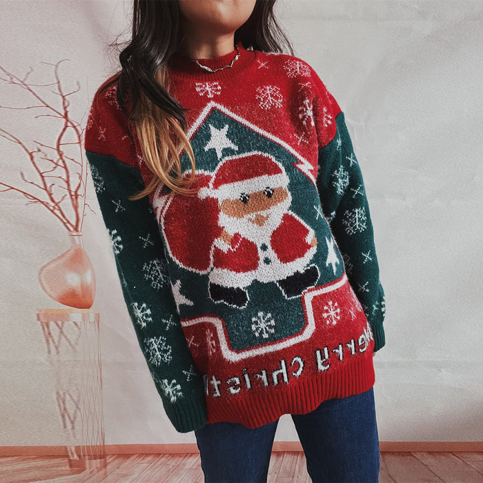 Color-Year Sweater Santa Claus Snowflake Color Contrast Patchwork round Neck Long Sleeve Knitted Pullover-Fancey Boutique