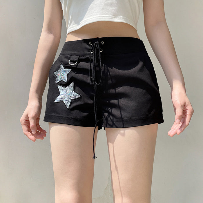 Color-Street Hip Hop Five-Pointed Star Sequ Special Interest Design Elastic Lace High Waist Shorts Peach Hip Slim Pants-Fancey Boutique