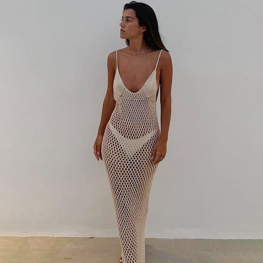 Color-White-Summer Beach Dress Women Solid Color Sexy Knitted Cutout Beach Swimsuit Blouse Sun Protective Clothing-Fancey Boutique