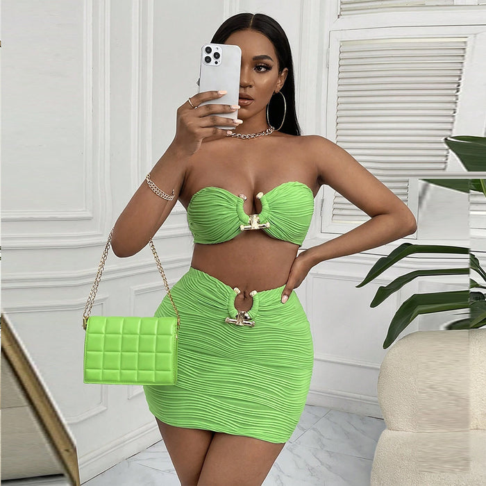 Color-Tube Top Cropped Exposed Backless Wrap Chest Sexy Package Hip Skirt Set Women-Fancey Boutique