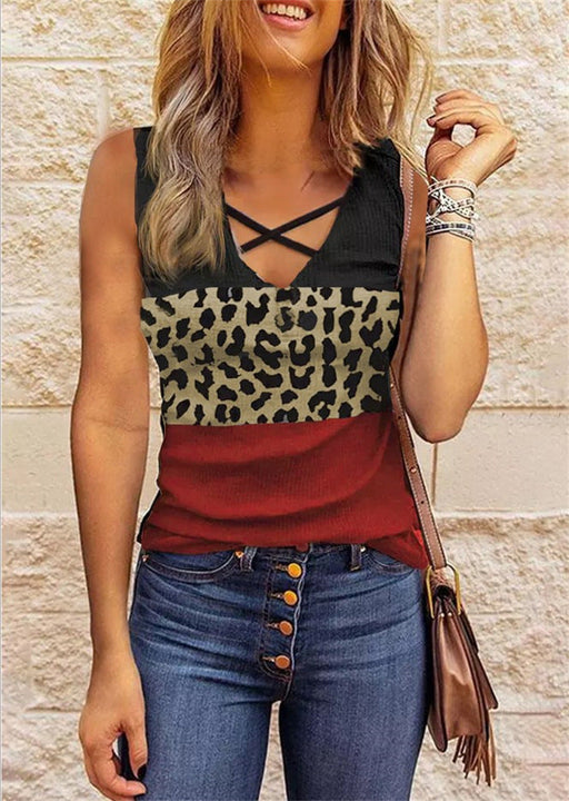 Color-Burgundy-Summer Women Clothing Leopard Splicing V neck Top Large Quantity-Fancey Boutique