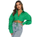 Color-Green-Summer Long Sleeve Short Loose Solid Color Cardigan Lace-up Collared Single Breasted Urban Casual Shirt-Fancey Boutique