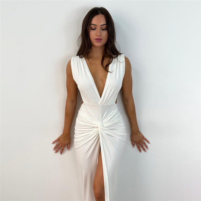 Color-White-Spring Summer Women Clothing Backless Sexy V neck Slim Fit High Split Dress for Women-Fancey Boutique
