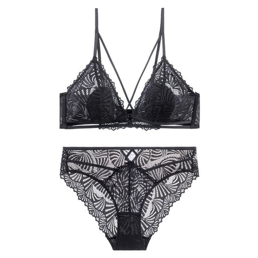 Color-Black-Lace Sexy Criss Cross Sling Thin Underwear No Steel Ring Breathable Bra Set-Fancey Boutique