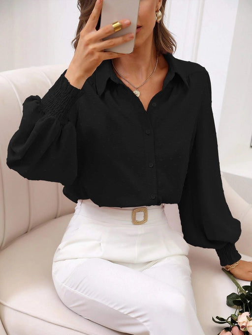 Color-Black-Autumn Women Shirt Collared Lantern Sleeve Solid Color Shirt-Fancey Boutique