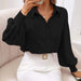 Color-Black-Autumn Women Shirt Collared Lantern Sleeve Solid Color Shirt-Fancey Boutique