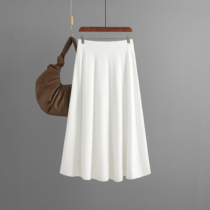 Color-White-Mid Length Autumn Winter Draping Effect A line Khaki Knitted Skirt Women Winter Sweater-Fancey Boutique