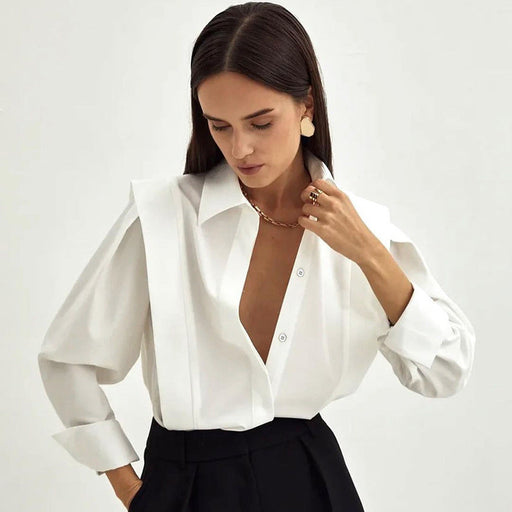 Color-Spring New Right Angle Shoulder White Shirt Women Office Dignified Sense of Design Niche Long Sleeve Shirt-Fancey Boutique