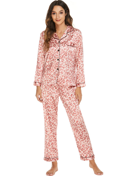 Color-Pink Leopard Print-Satin Long Sleeved Trousers Home Wear Cardigan Suit Pajamas Women-Fancey Boutique