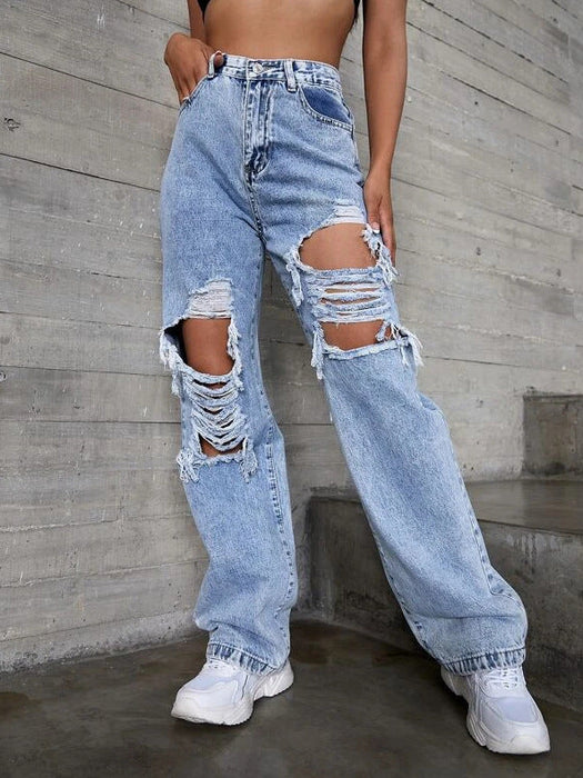 Color-Jeans Quality High Waist Retro Blue Washed Ripped Straight Jeans Women Trend-Fancey Boutique