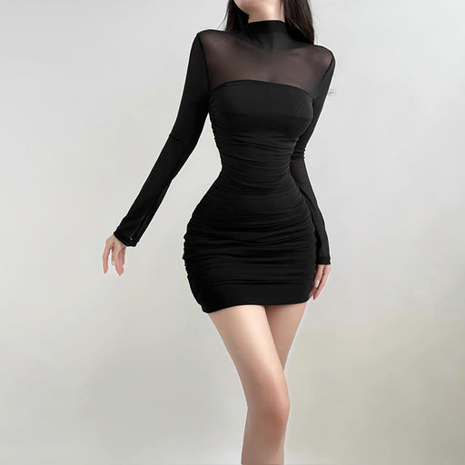 Color-Half Turtleneck Mesh Stitching Long Sleeves Slightly Transparent Sexy Dress Autumn Sexy Dress-Fancey Boutique