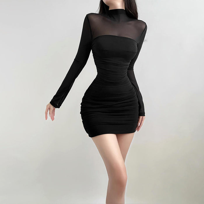 Color-Half Turtleneck Mesh Stitching Long Sleeves Slightly Transparent Sexy Dress Autumn Sexy Dress-Fancey Boutique