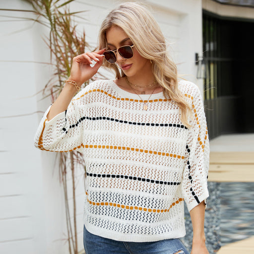 Color-Loose Women Top Striped Knitwear off-Neck Hollow Out Hollow Out Cutout-out Knitted Sweater-Fancey Boutique