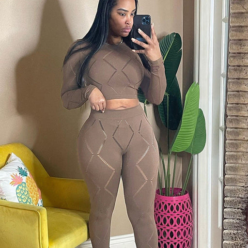 Color-Brown-Fall Women Clothing Sexy Hollow Out Cutout-out Ripped High Waist Tight Trousers Casual Sports Set for Women-Fancey Boutique