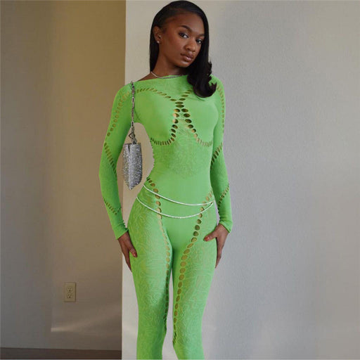 Color-Green-Women Clothing Sexy Cutout Knitted Jacquard High Waist Hip Lift Tight One Piece Trousers for Women-Fancey Boutique