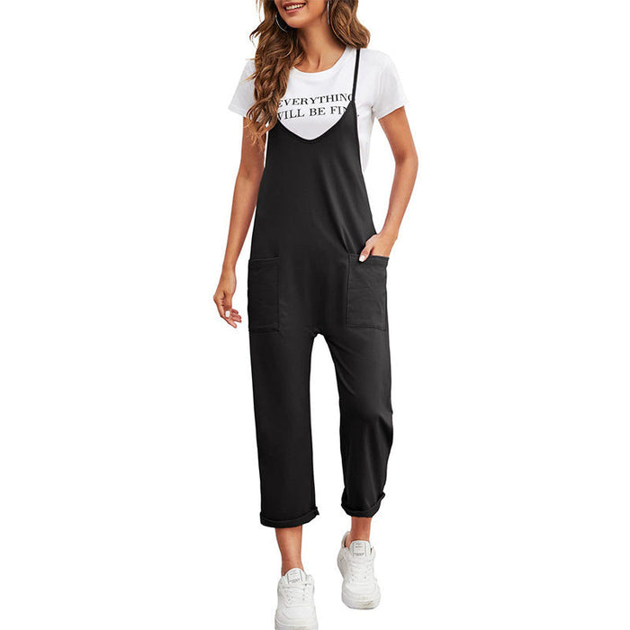Color-Black-Spring Women Casual Pocket Trousers Solid Color Loose Sling Straight Jumpsuit-Fancey Boutique