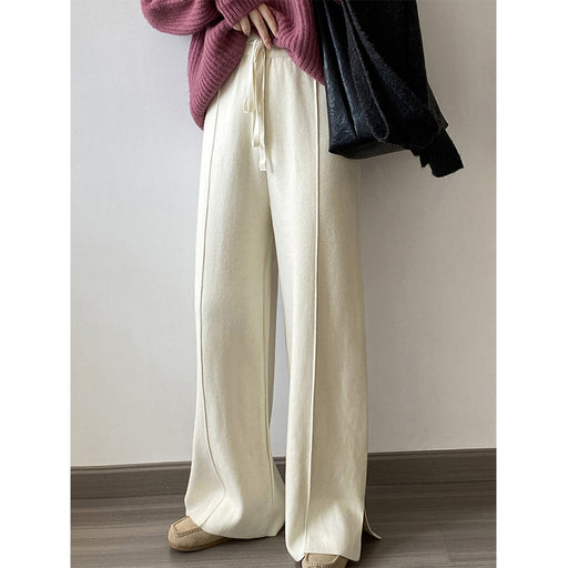 Color-Korean Split High Waist Knitted Casual Pants Women Winter Loose Drawstring Wide Leg Pants-Fancey Boutique