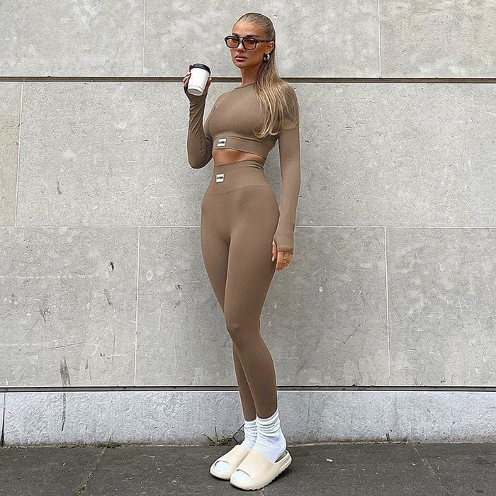 Color-Solid Color Tight Letter Graphic Zhang Zi round Neck Long Sleeve Short Top High Waist Skinny Trousers Sports Yoga Two Piece Set-Fancey Boutique