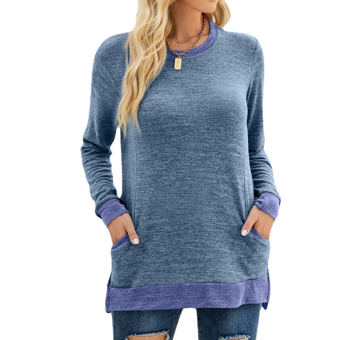 Color-Dream Blue-Women Clothing round Neck Multicolor Pocket Long Sleeve Pullover Top Loose-Fitting Casual T-shirt-Fancey Boutique