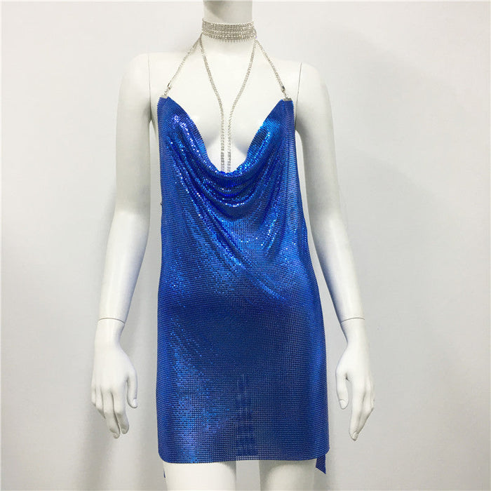 Color-Royal Blue-Metallic Coated fabric Women Clothing Metal Sequ Dress Sexy Sweet Spicy Dress Rhinestone Cami Dress Women-Fancey Boutique